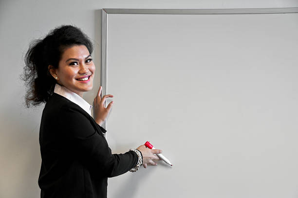 istock Business woman present with draw board on white background 480569820