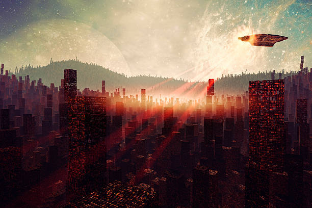 ufo sopra città distrutta sorveglianza - alien invasion foto e immagini stock