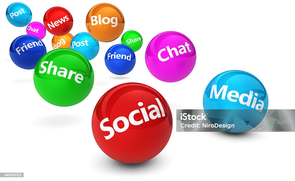 Social Media Web Concept Web and Internet concept with social media and social network signs and words on bouncing colorful spheres isolated on white background. 2015 Stock Photo
