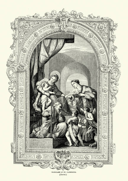 The Marriage of Saint Catherine Vintage engraving of The Marriage of Saint Catherine after Alessandro Tiarini pushkin st petersburg stock illustrations
