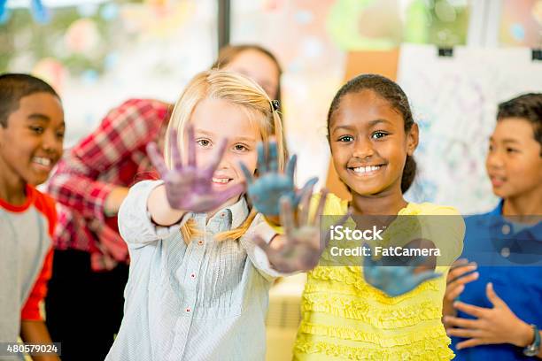 Children Doing Hand Painting Stock Photo - Download Image Now - Summer Camp, Child, Art