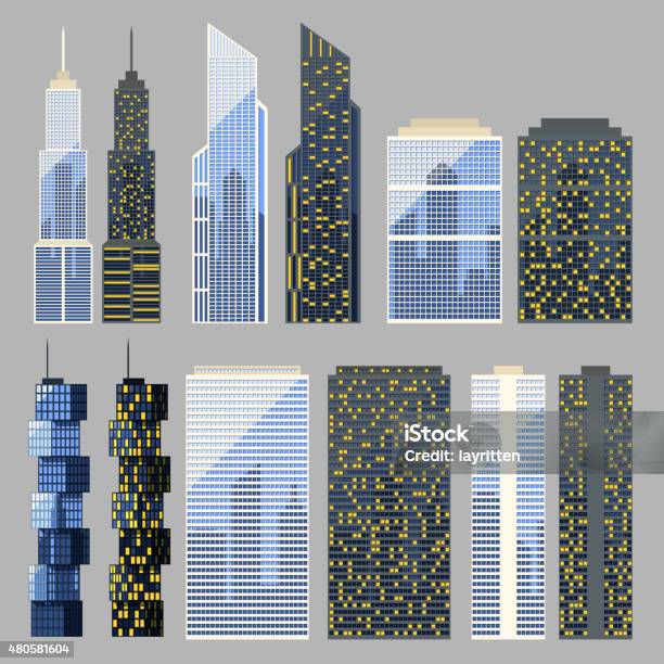 Set Of Skyscrapers In The Flat And Detailed Style Stock Illustration - Download Image Now - 2015, Business, Business Finance and Industry