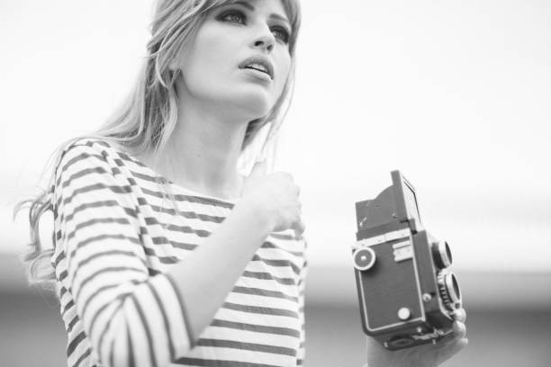 Retro portrait Retro portrait // Added noise in post-production for retro effect black and white portrait photographers stock pictures, royalty-free photos & images