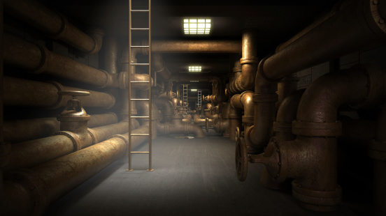 Industrial underground tunnel with piping system.  Fantasy 3d illustration