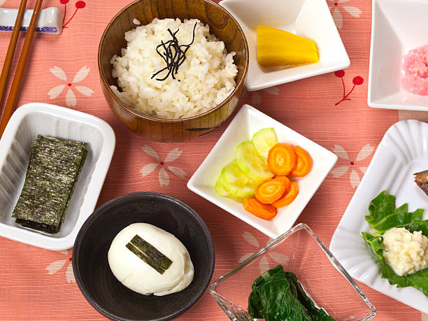 A table of various foods for a Nihon breakfast.