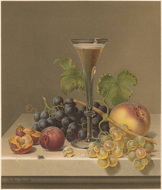 Still life, by Helen R. Searle (1830-1884), lithograph, published 1871 Still life with fruits. Lithograph after a painting by Helen R. Searle (American Painter, 1830-1884), published in 1871. still life stock illustrations