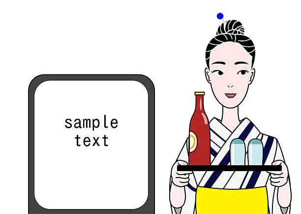 Vector illustration of beautiful woman in yukata with beer on a tray