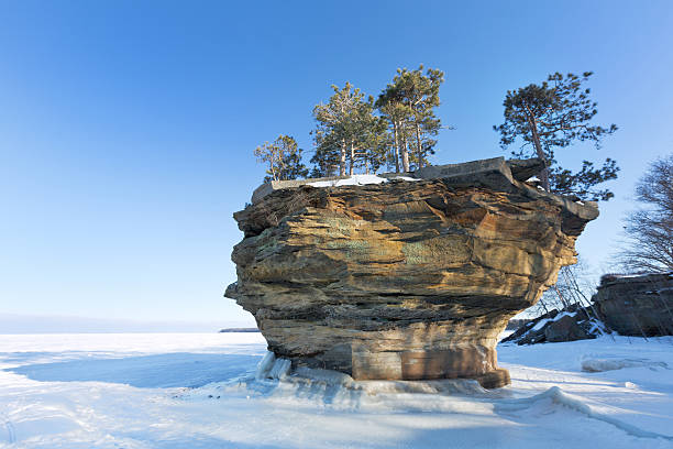 Tunrip Rock in Winter - Port Austin Michigan stock photo