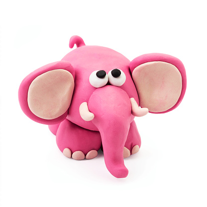 Plasticine cartoon pink fun elephant on a white background