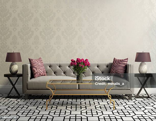 Vintage Klassisch Eleganten Wohnzimmer Mit Grauem Samt Sofa Stockfoto und mehr Bilder von Tapete