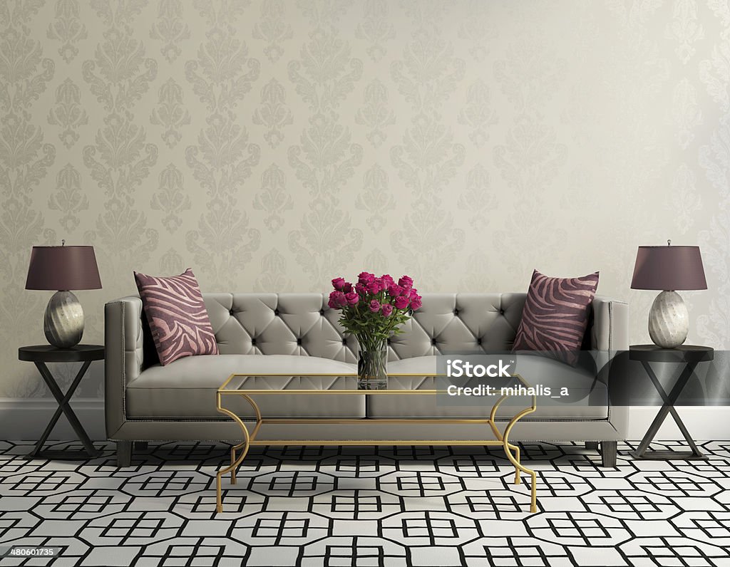 Vintage classico elegante salotto con divano in velluto grigio - Foto stock royalty-free di Carta da parati