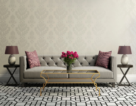 Vintage classic elegant living room with grey velvet sofa