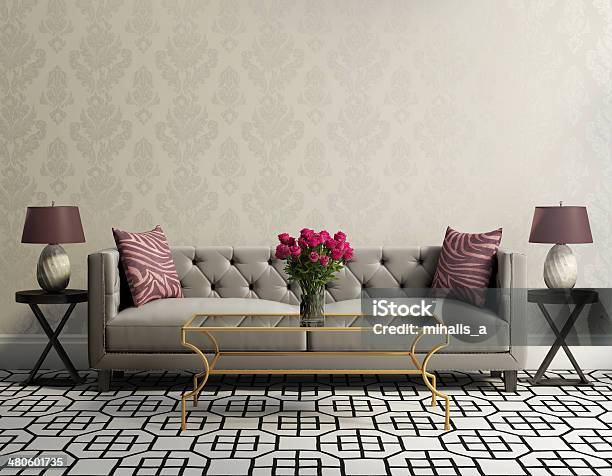 Vintage Klasyczny Elegancki Salon Z Szarego Velvet Sofa - zdjęcia stockowe i więcej obrazów Tapeta