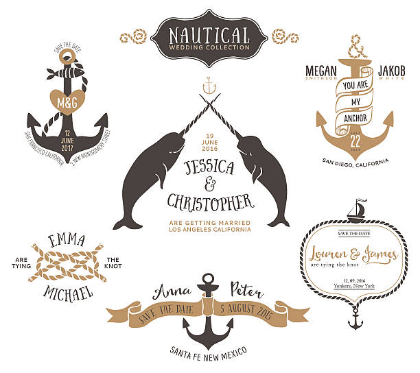 Disegno a mano invito di nozze logo modelli in stile nautico. - illustrazione arte vettoriale