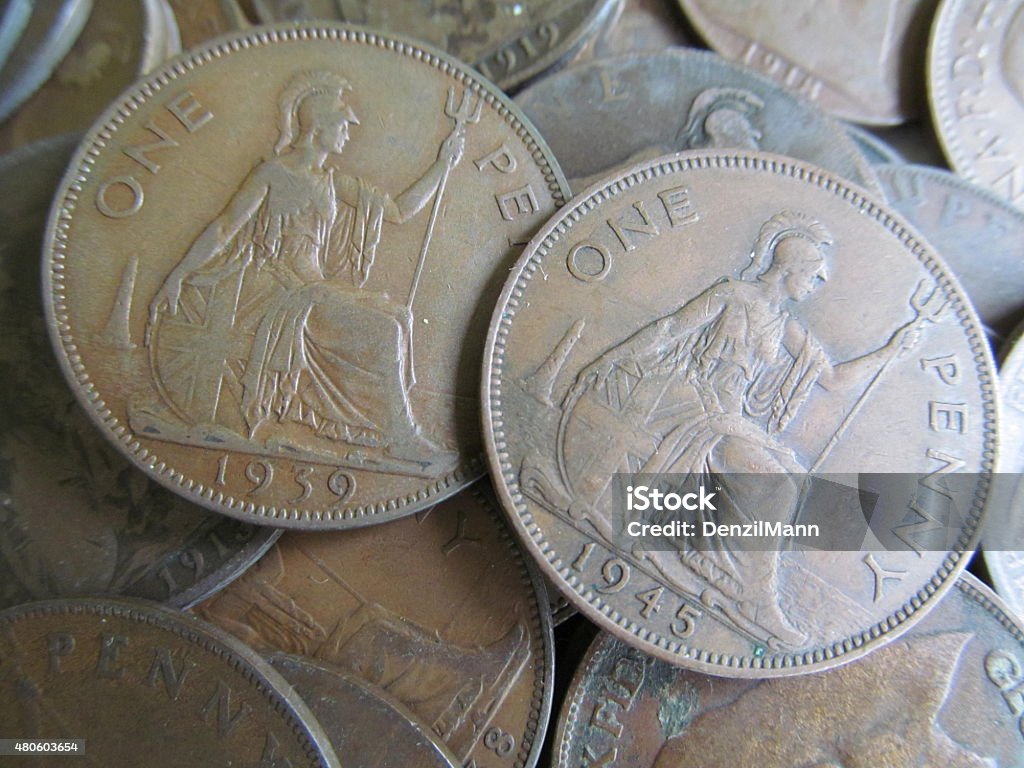 Old Money 1939-1945 Collection of British pennies featuring 1939-1945 World War II Stock Photo