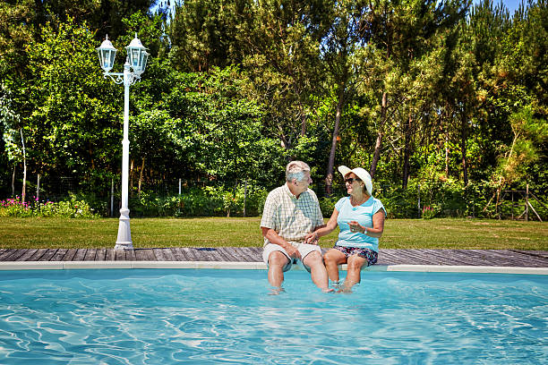 istock Mature couple sitting alongside swimming pool 480606272