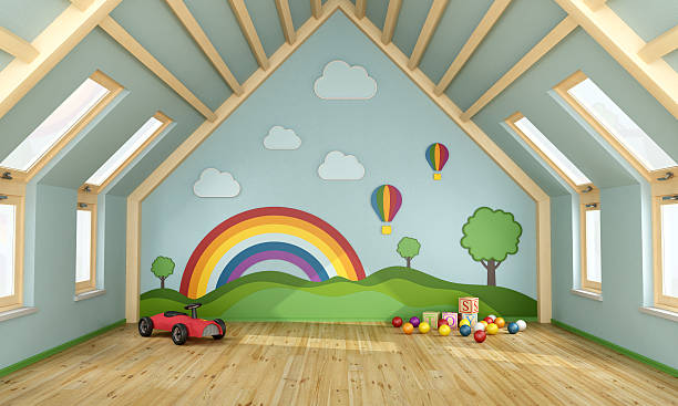 Playroom in the attic Playroom in the attic with toys and decoration on wall - 3D Rendering playroom stock pictures, royalty-free photos & images