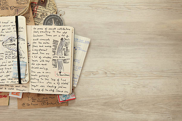 istock Handwritten travel diary, drawing journal storytelling, memories, souvenirs, copy space 480608057