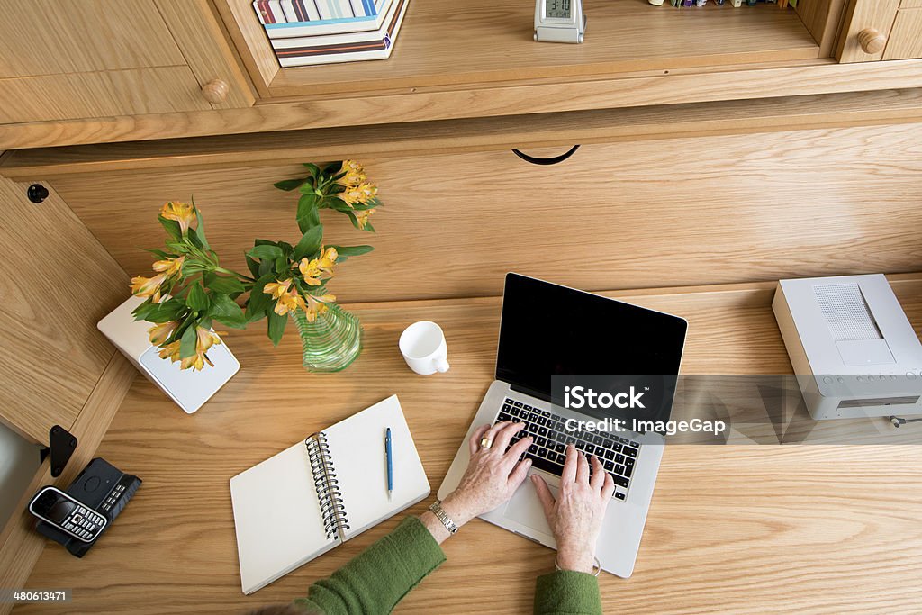 Senior using a Computer Adult senior woman at home working in her office on a laptop computer. Active Seniors Stock Photo