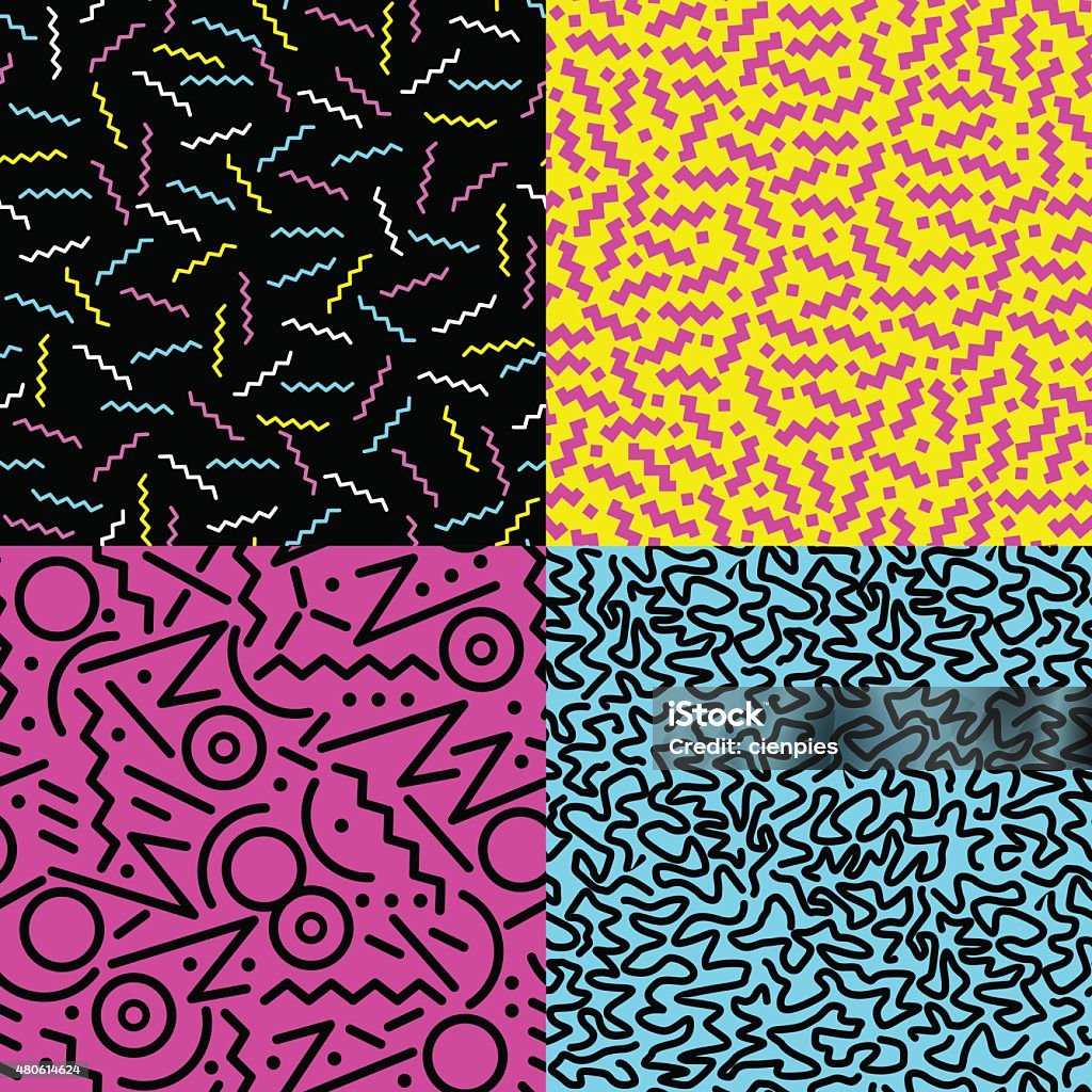 Retro 80s seamless pattern background set Set of retro vintage 80s fashion style seamless pattern illustration background. Ideal for fabric design, paper print and website backdrop. EPS10 vector file. 1990-1999 stock vector