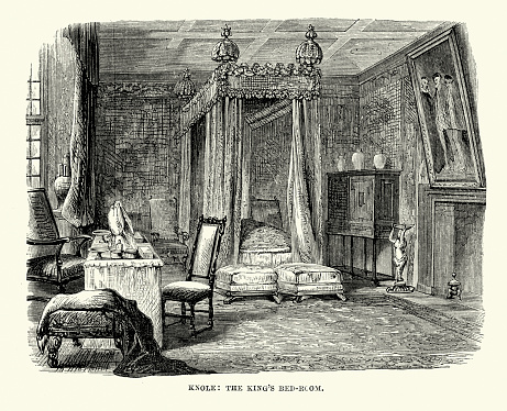 Vintage engraving of Knole House an English country house in the civil parish of Sevenoaks in west Kent. The King's Bedroom. 1869