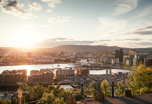 Beautiful skyline of Oslo. Sunset.