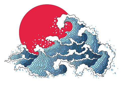 Asian illustration of ocean waves and sun. Isolated on a white background.