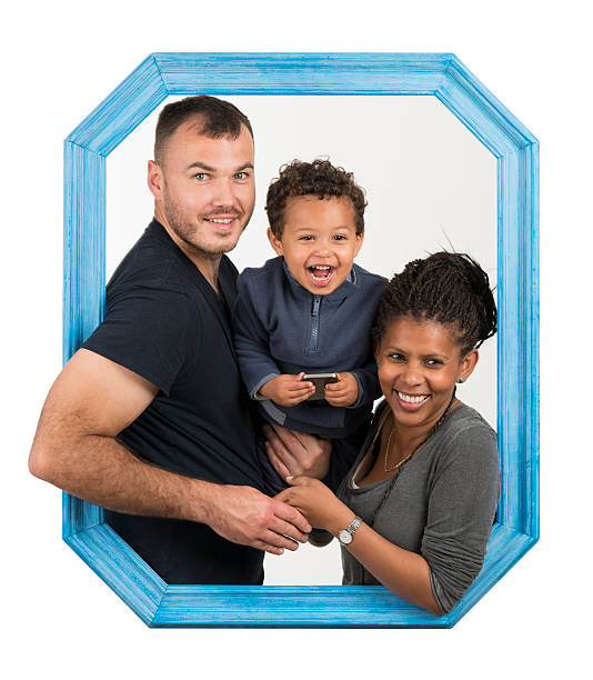niebieska ramka szczęśliwa rodzina razem. - family mouth open vertical mother zdjęcia i obrazy z banku zdjęć