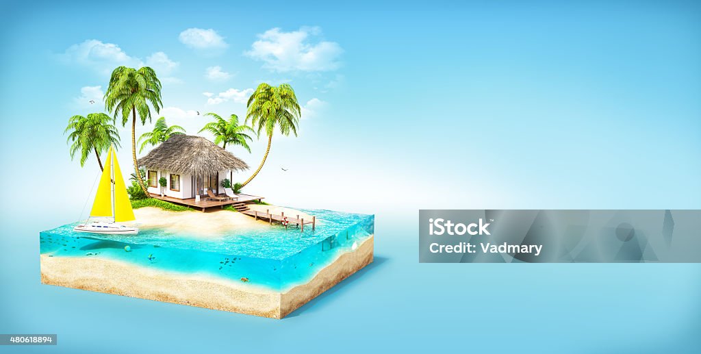 tropical island Piece of tropical island with water, palms and bungalow on a beach in cross section.  Unusual travel illustration 2015 Stock Photo