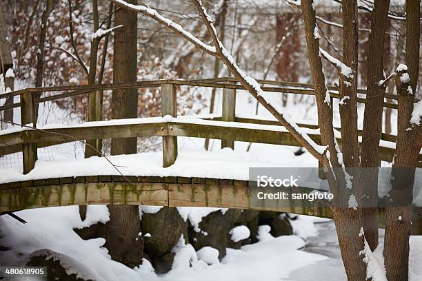 Winter Snow Covered Landscape Bridge Stock Photo - Download Image Now - Branch - Plant Part, Bridge - Built Structure, Cold Temperature