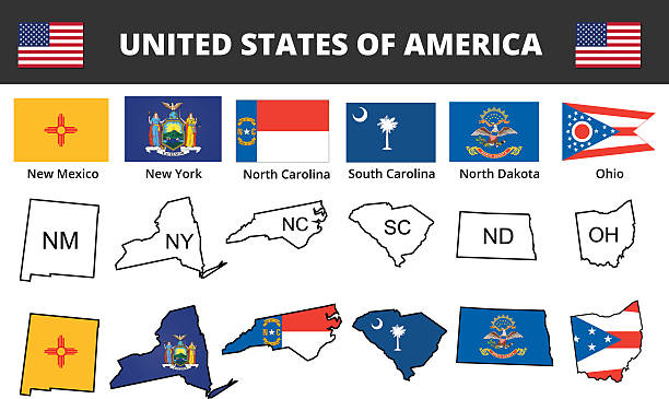 six of USA state flags and maps EPS 10 and JPEG north carolina us state stock illustrations