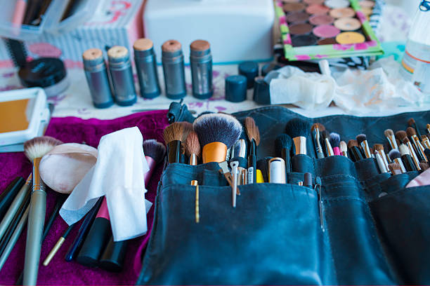 istock Set of cosmetic brushes in a black leather case 480620221