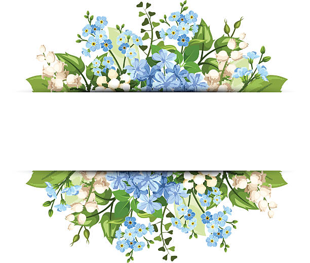 Background with blue and white flowers. Vector eps-10. Vector horizontal background with blue and white flowers and green leaves. forget me not stock illustrations