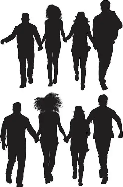 Vector illustration of Group of friends holding hands and walking together