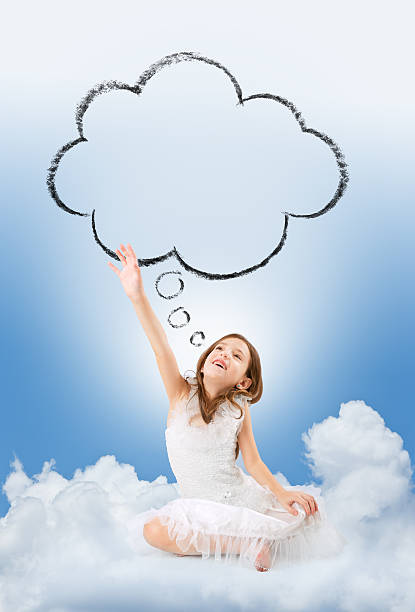 istock Beautiful little girl with thought bubble sitting on cloud 480621707