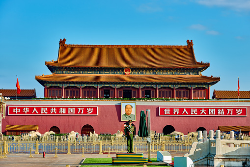 Beijing , China - September 24, 2014: Chinese soldier in front of the Gate of Heavenly Peace Tiananmen Square forbidden city Beijing China