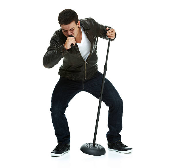 istock Front view of male singer microphone stand 480624327