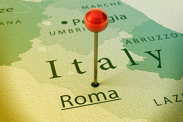 3D Render of a Straight Pin at the Position of the City of Roma on a Map of Italy. Vintage Color Style. Very high resolution available!