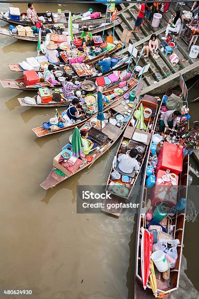 Longtail Boat With Food Market Stock Photo - Download Image Now - 2015, Adulation, Amphawa District