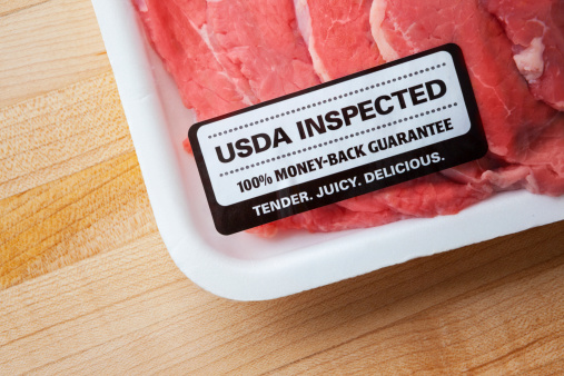 United States Department of Agriculture inspected beef steaks in a retail package from the grocery store.