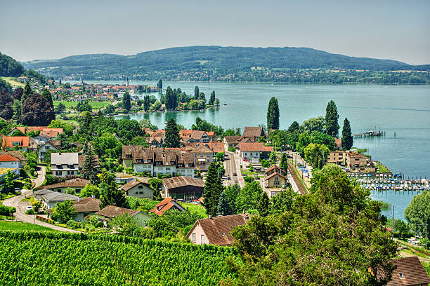 Lake Constance HDR July 2015, the village Mannenbach and the Untersee (Lake Constance), HDR-technique bodensee stock pictures, royalty-free photos & images