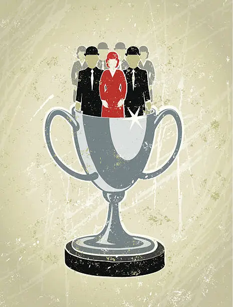 Vector illustration of Business Men and Women Standing Inside a Silver Trophy