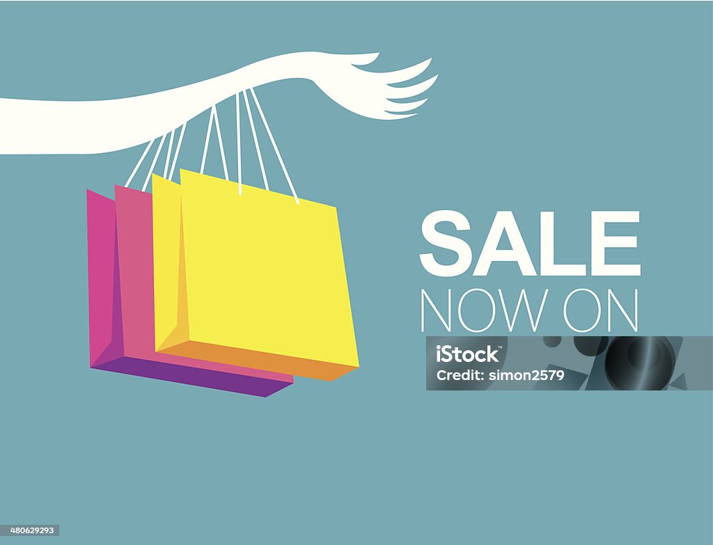 SALE now on Vector of hand with shopping bags. With SALE now on text info. EPS ai 10 file format. Retail stock vector
