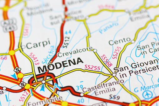 Area of Modena, where is based the plants of Ferrari cars, on a map.