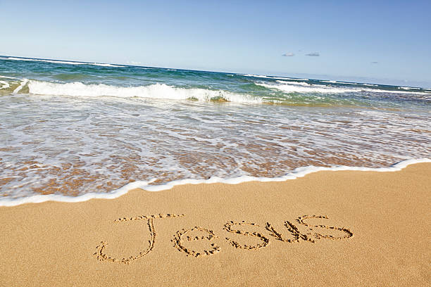 istock Jesus written in sand at the beach 480635265