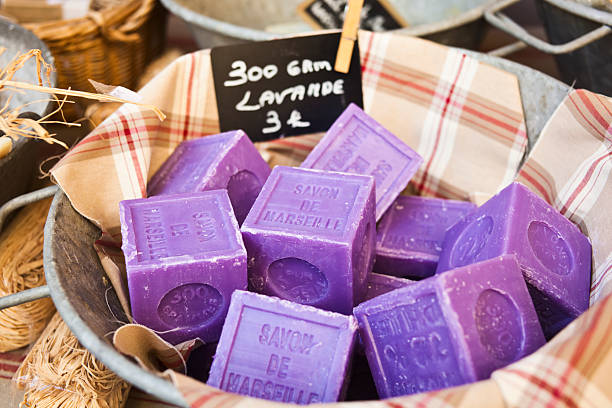 Marseille soap Lavender Marseille soap on the Provencal street market. marseille stock pictures, royalty-free photos & images