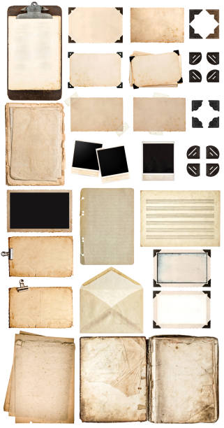 istock Used paper sheets, book, vintage photo frames and corners. 480637386