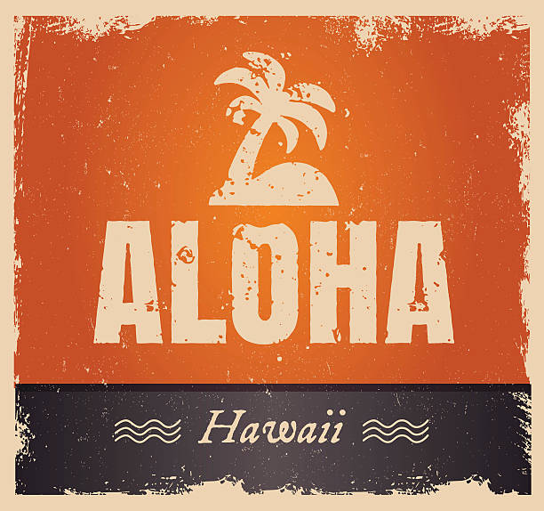 Vector aloha word in vintage colors, retro background Vector aloha word in retro colors, vintage background. Rough edges in grunge style. Island tropical icon with palm. aloha single word stock illustrations