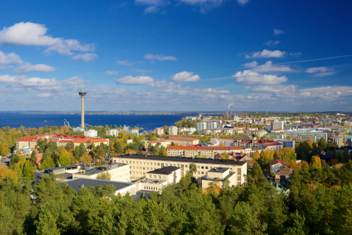 View of Tampere with television tower Nasinneula from Pyynikki tower on sunny day
