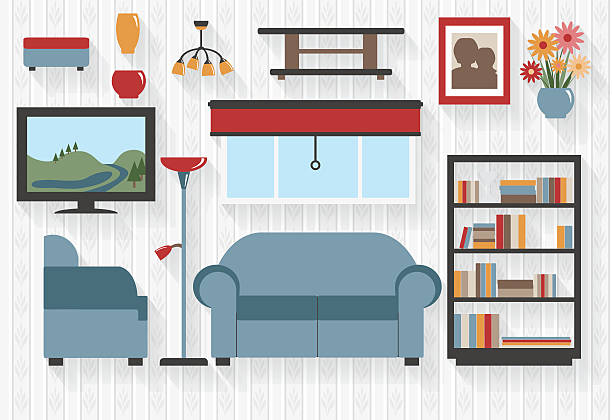 lounge-möbel-symbole mit couch und einen bücherschrank - domestic room trophy furniture television stock-grafiken, -clipart, -cartoons und -symbole